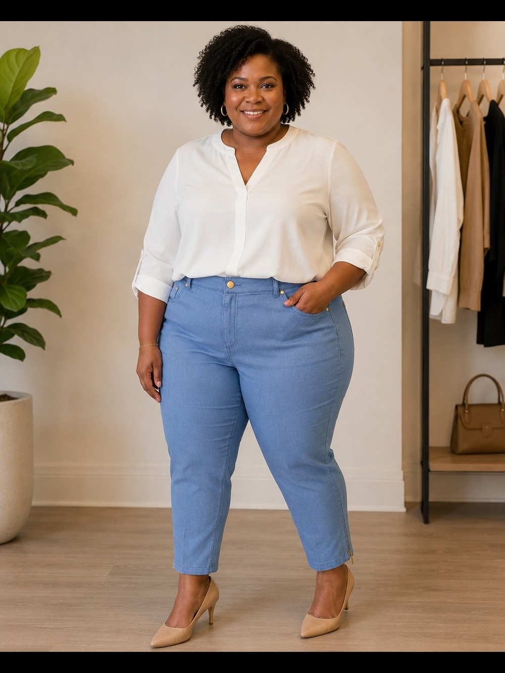 IMAN 20W Short Light Blue Stretch Ankle Pants Gold Hardware